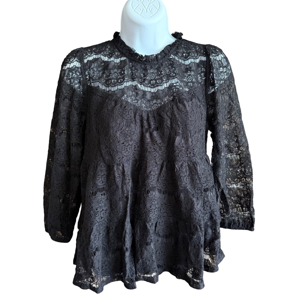 Monteau Los Angeles Top Women's S Black Blouse Lace 3/4 Sleeve Round Neck NWT